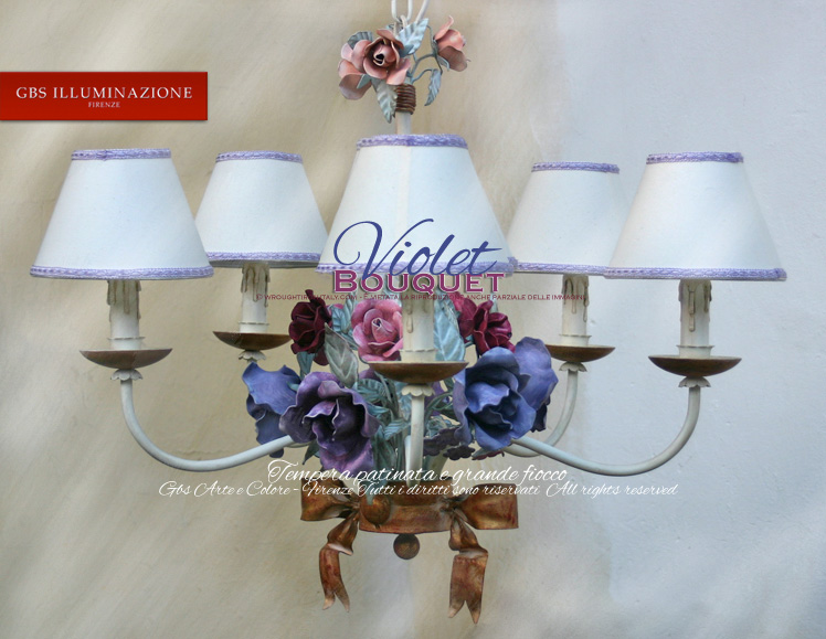 Violet bouquet chandelier. Romantic Wrought Iron.  Rose bouquet tempera-painted. Shades of pink, purple and fuchsia.