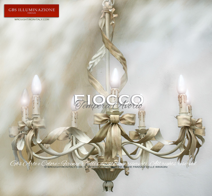 Bow 7-light Chandelier in ivory white tempera, with ribbons and bows. Antique tempera finish.