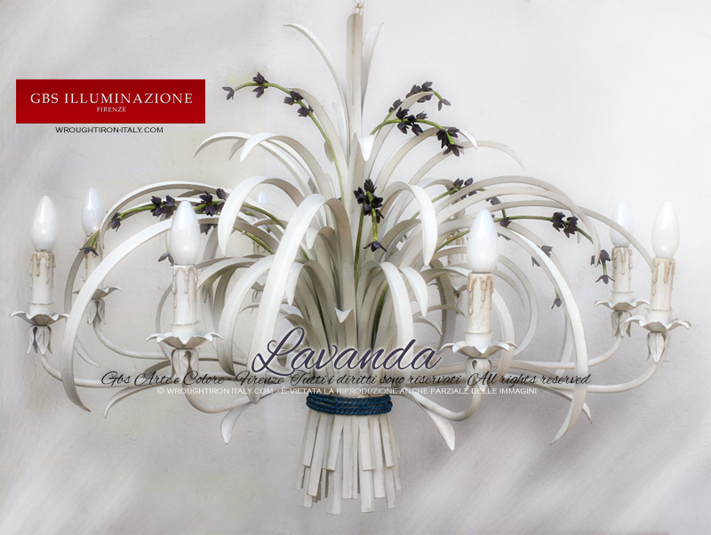 Spike lavender chandelier in aged tempera. White with natural colour flowers. Country collection by GBS, lavender flowers line. Wrought iron decorated by hand.