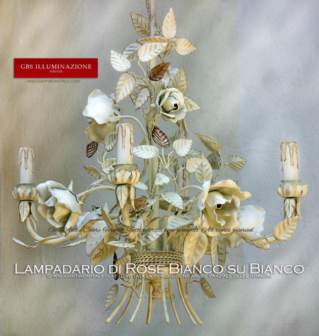 White Blooming Rose Chandelier. Gold, tempera, enamel. Made in Italy. Wrought iron.