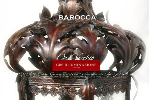 Detail of Baroque Lantern in Old Gold by GBS. Hand-decorated wrought iron. Made in Italy