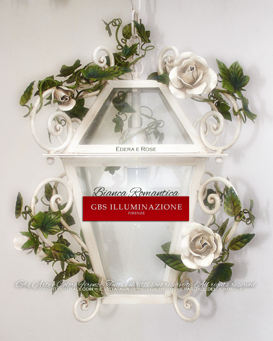 Lanterna Bianca Romantica. Ferro battuto e decorato a mano. GBS, Made in Italy