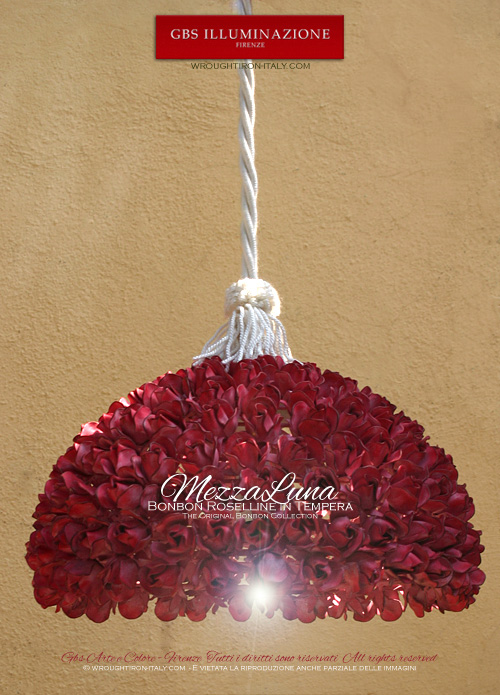 Mezzaluna ("Crescent") Pendant lamp, roses in tempera. Very high hand-crafted quality. Designed and produced in Florence. GBS Firenze. Bonbon Collection. Design: Gianni Cresci - All Right Reserved