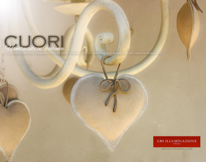 5 light wrought iron hearts chandelier, dove grey tempera  GBS FIRENZE – MADE IN ITALY – Design: Gianni Cresci & Renee Danzer