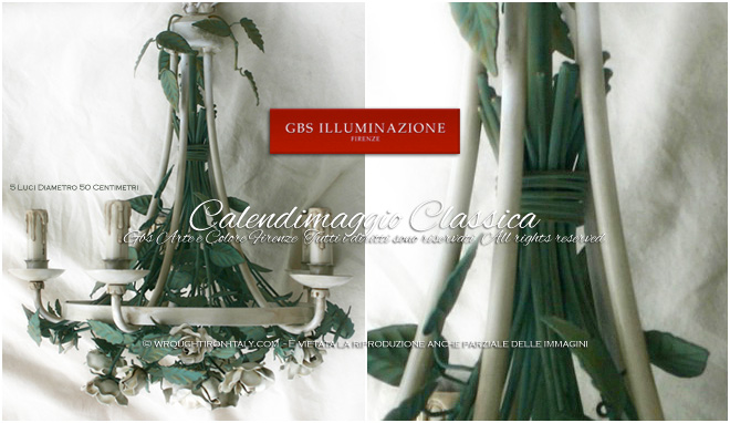 the Calendimaggio Classica 5-light chandelier has a 50 cm diameter, white roses, a white patina tempera frame, and green tempera leaves.
