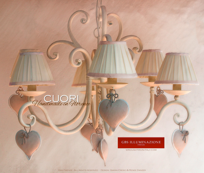 A Heart 6-light Chandelier made of entirely hand-decorated drawn down and forged wrought iron.
