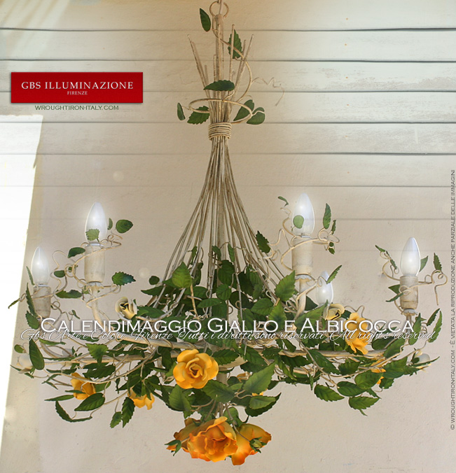 Yellow and Apricot Calendimaggio Chandelier - Handmade Wrought-Iron Chandelier by GBS. Design: Gianni Cresci