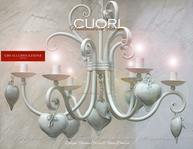 Glazed White Chandelier with Hearts. Hand-painted wrought iron chandelier