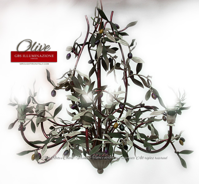 The original Olive Chandelier by GBS, in hand-decorated wrought iron with antique tempera, gold and enamel finish.