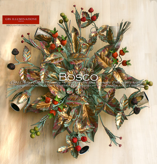 Bosco - Ceiling lamp with berries and wild fruits - tempera and gold. Wrought Iron