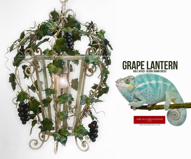 Grapes and Tendrils hexagonal wrought iron lantern. Country kitchens
