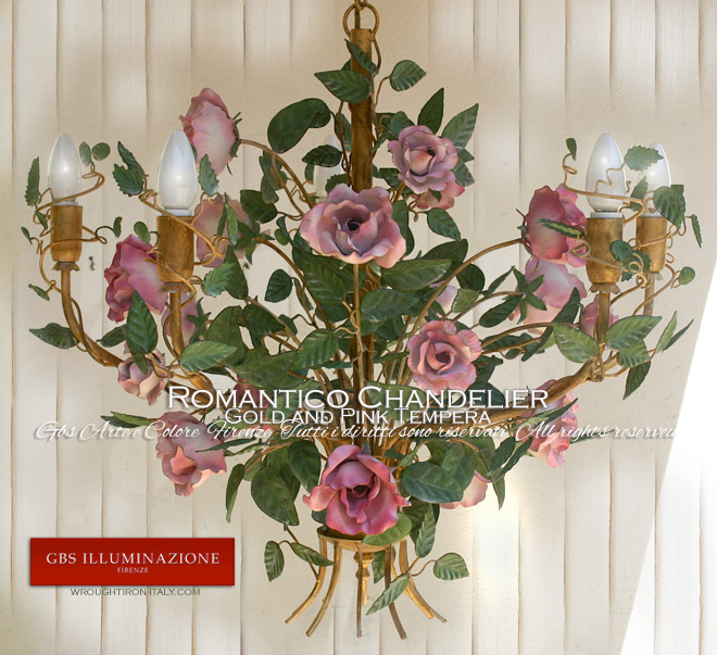 Romantic Gold and Pink Tempera Wrought Iron Chandelier. With Roses.
