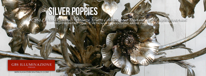 Poppy detail: a silver patina finish chandelier, five or six lights, silver leaf, in hand-decorated wrought iron. Silver Poppies 5-Light Chandelier