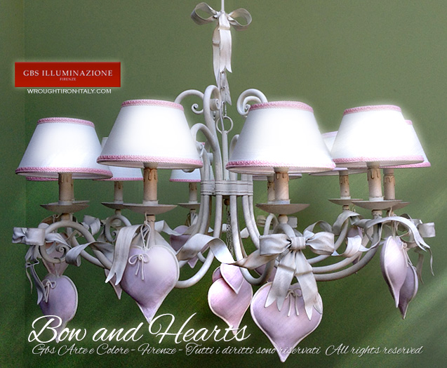 Bow and hearts, 10 light wrought iron chandelier. Romantic Bedroom
