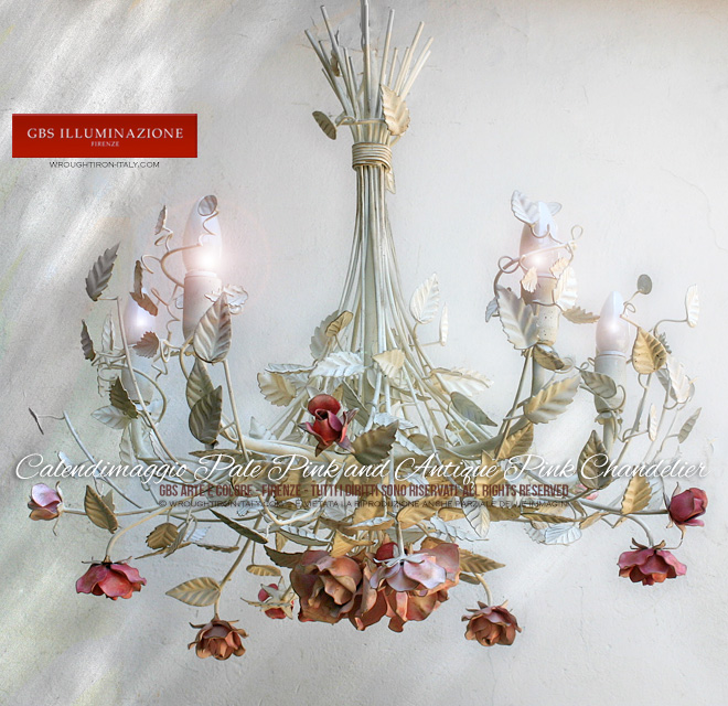Calendimaggio Selvatica 5-light Chandelier in white wrought iron with pale pink and antique pink roses, with an aged pink and white patina tempera finish.