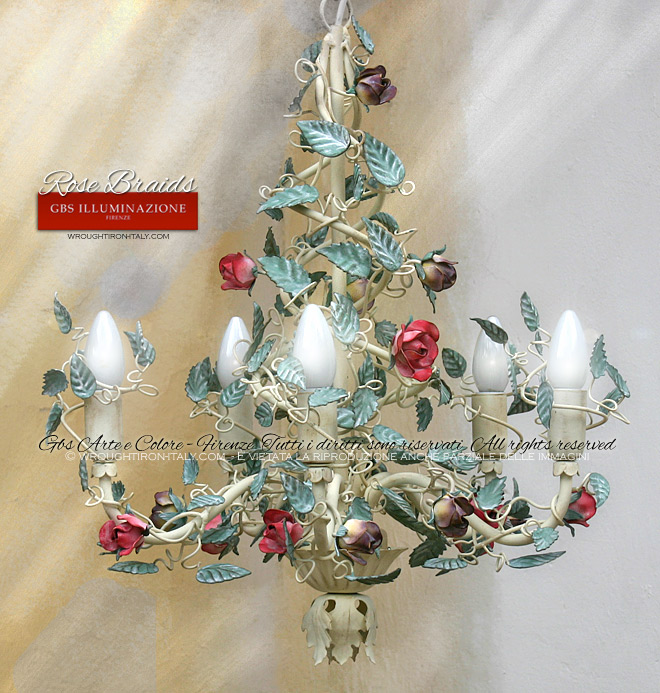 Wrought iron chandelier, small roses, ivory white tempera, green mint leaves, amaranth pink, pastel violet. 5 light chandelier