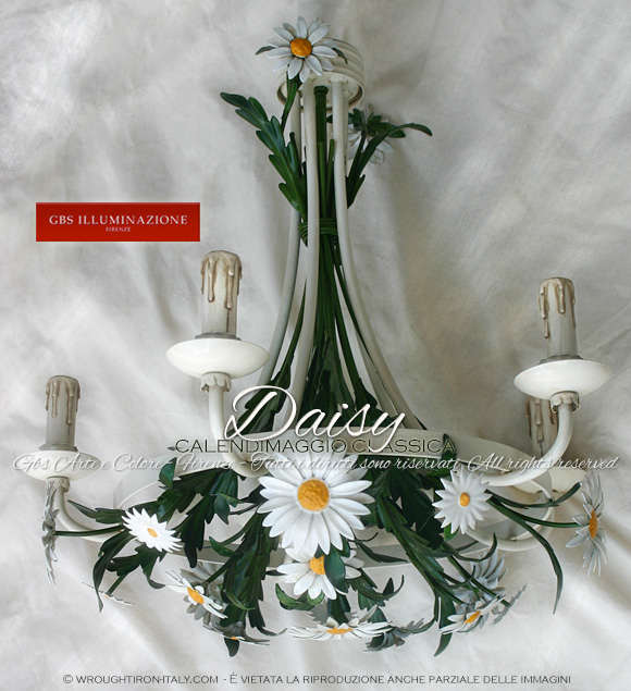Calendimaggio with white daisies, enamel coated 5 light white chandelier. Wrought iron decorated by hand.