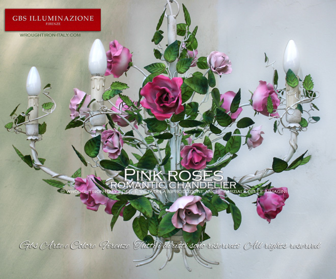 Pink roses, wrought iron chandelier by GBS, Romantic collection. White gloss chandelier, roses with shades of pink, matt finish.