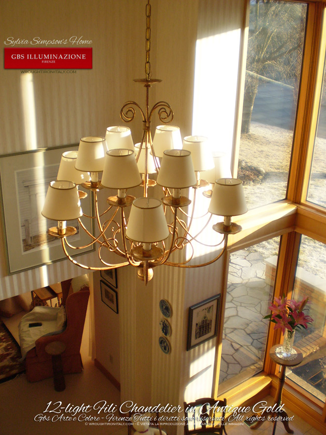12-light Fili Classic Chandelier Antique Gold in hand-decorated wrought iron.