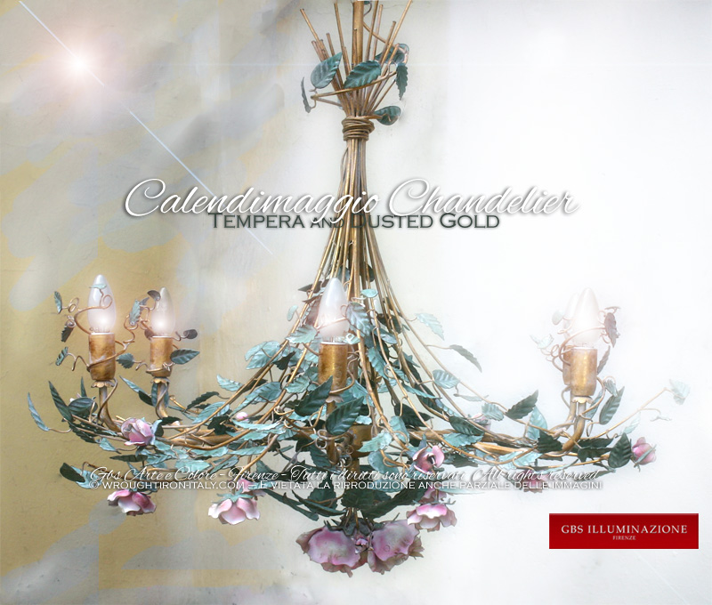 6-light Calendimaggio Chandelier, Dusted Gold and Tempera, Roses and Buds. Hand-decorated flowery wrought iron.