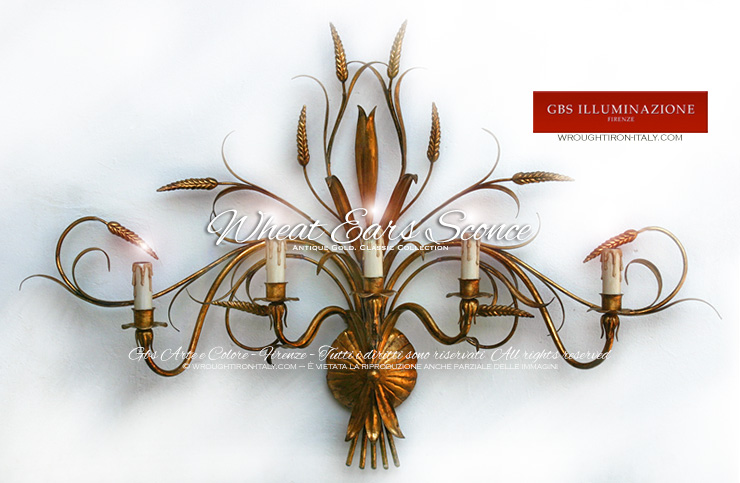 Wheat Ears Sconce. Five lights. Hand-decorated wrought iron. GBS, Made in Italy