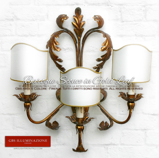 Baroque Sconce in Gold Leaf, acanthus leaves. Hand-decorated wrought iron