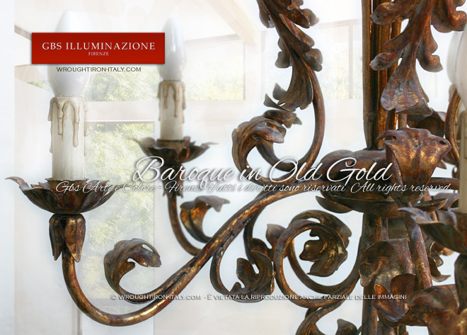 6-light Chandelier in Old Gold. Hande-decorated wrought iron, Gold Leaf. Made in Italy