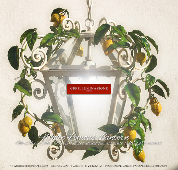 Lantern with Lemons. Classic Lantern with eight glass sides, one light. Lantern for outdoors and indoors, for country-style kitchen, patio, porch and orangery. Country Collection by GBS FLORENCE MADE IN ITALY