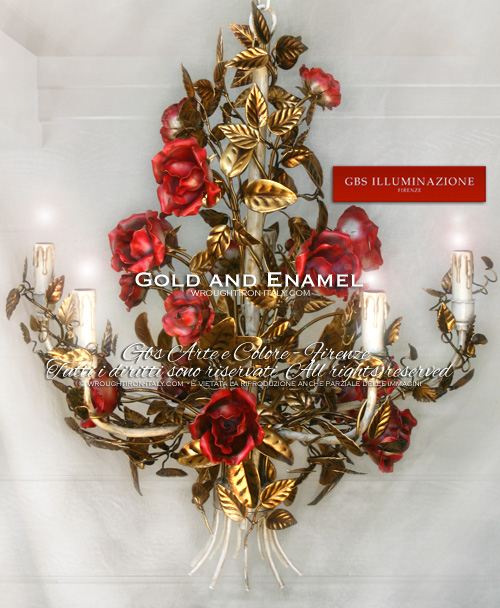 Romantic Gold and Enamel Chandelier with roses