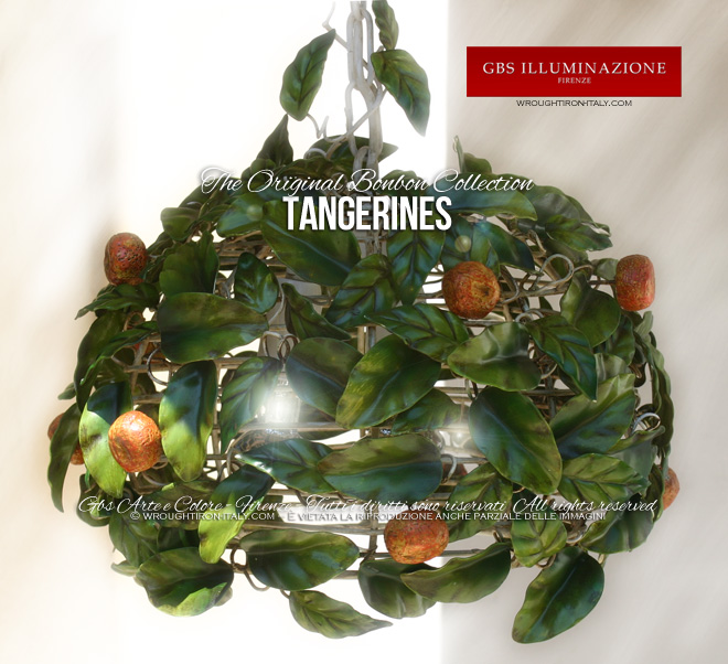 TANGERINES, hand-decorated wrought iron pendant light - Country chic kitchen lighting