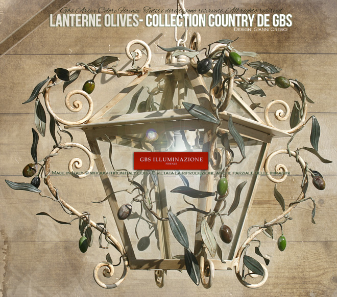 Lanterne avec olives, blanche en fer forgé, Lanterne classique, Collection Country de GBS, avec des branches d'olivier et des olives vertes.