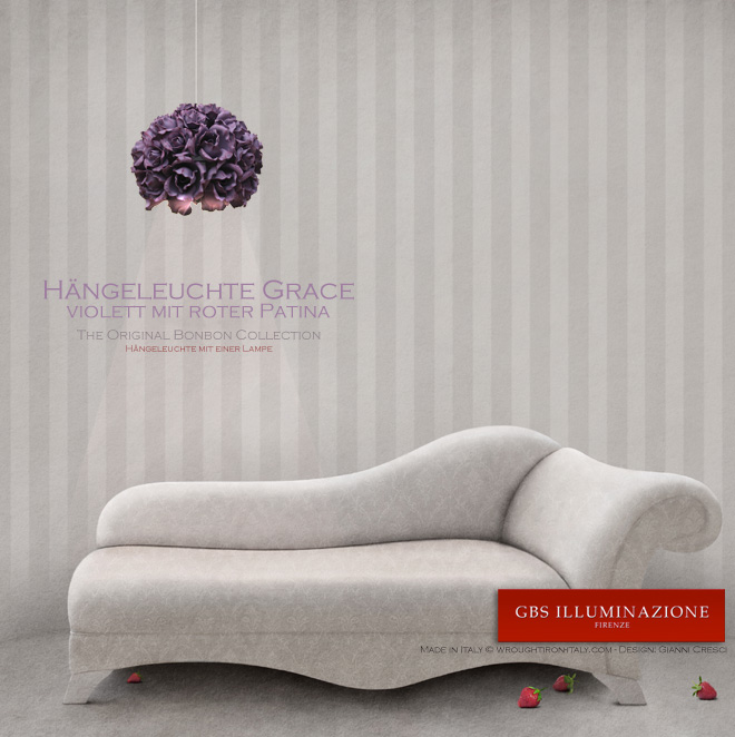 Grace, über einem Sofa aufgehängt, um den Lesebereich zu beleuchten. Kollektion Bonbon von GBS. Design: Gianni Cresci. Made in Italy - Rosen Hängelampen