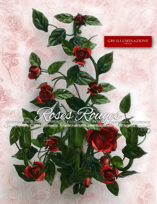 Applique Murale 2 Lumières Fer Forgé – Fleurs Et Feuilles De Rose Rouges – Art