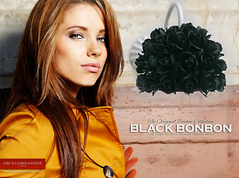 Black roses wall light. Hand-decorated wrought iron. Aged enamel. The Original Bonbon Collection.