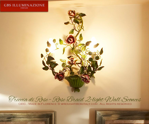 Green leaves. Pink Rose Braid 2-light Wall Sconce