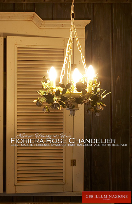 Chandelier with climbing roses. Wrought iron. GBS Firenze. Made in Italy