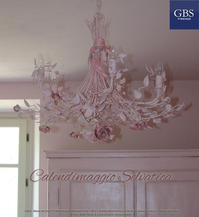 Chandelier with roses, bow and ribbon. Calendimaggio Selvatica. Design Gianni Cresci. Handmade in Florence