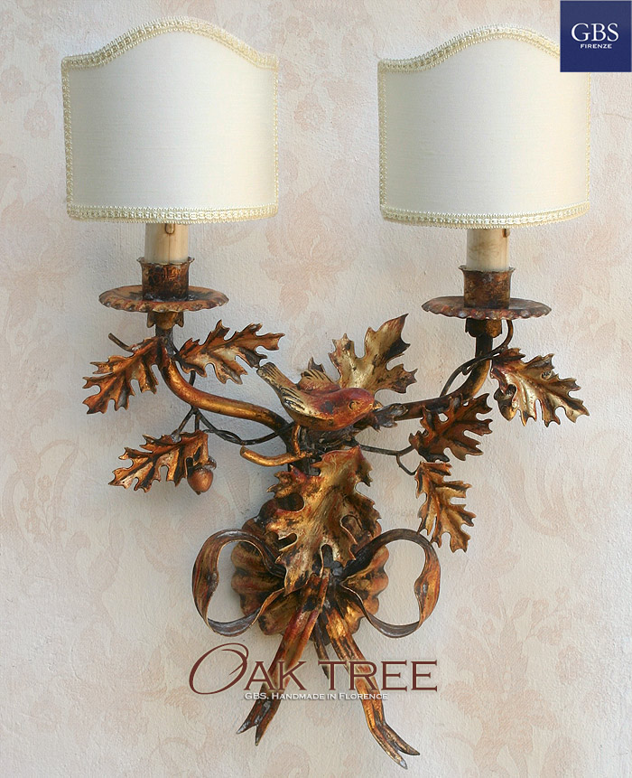Oak tree wall light. Antique gold. With birds. Country collection. Handmade Sconce.
