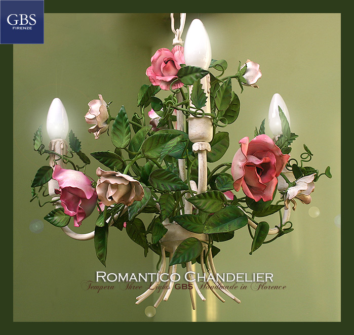 Romantico Chandelier. Tempera. 3 Lights. Tole. Roses. wrought iron.
