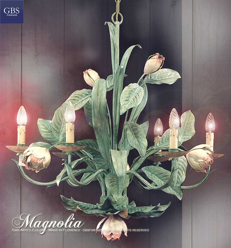 Magnolia Chandelier. 6 Lights. Wrought Iron. Tole. Handmade in Italy