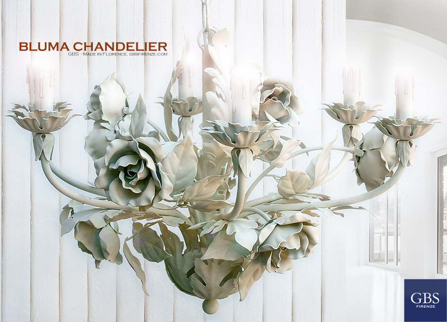 Bluma Chandelier. White Roses and Acanthus Leaves. 6 lights version. Tole roses chandelier