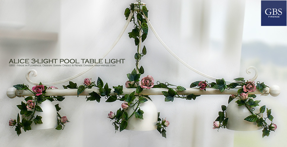 Alice 3-light pool table light. Climbing Roses. Wrought iron.