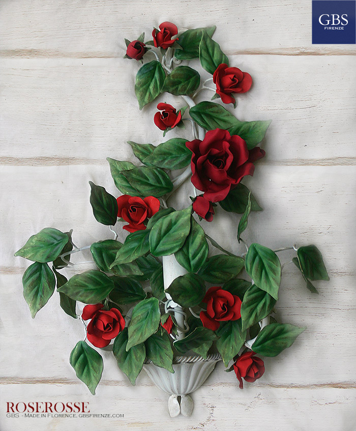 Roserosse. 1-3 Lights Wall Sconce. Red Roses. Hand-painted wrought iron.