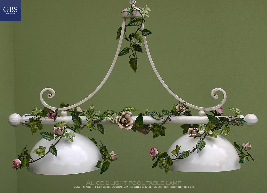 The authentic Alice 2-light pool table lamp with climbing roses. Design: Gianni Cresci & Renee Danzer.