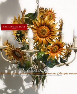 Lampadario con fiori di Girasole. GBS Firenze. Collezione Country. Ferro Battuto