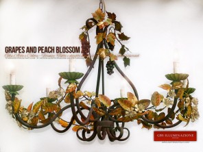 Wrought iron Chandelier. Grapes and Peach Blossom, 6-Light Chandelier. Made in Italy. Florence