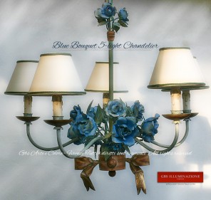 Rose Bouquet Chandelier with sky blue and deep sea roses and a green tempera finish.