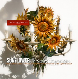 Hand-decorated wrought iron sunflower chandelier. Country Collection