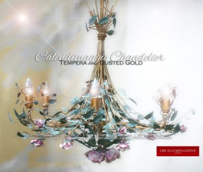 6-light Calendimaggio Chandelier, Dusted Gold and Tempera, Roses and Buds. Hand-decorated wrought iron.