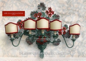 Geraniums, wrought iron wall sconce, 5 Lights, aged tempera. Fan lampshades in hand-crafted parchment